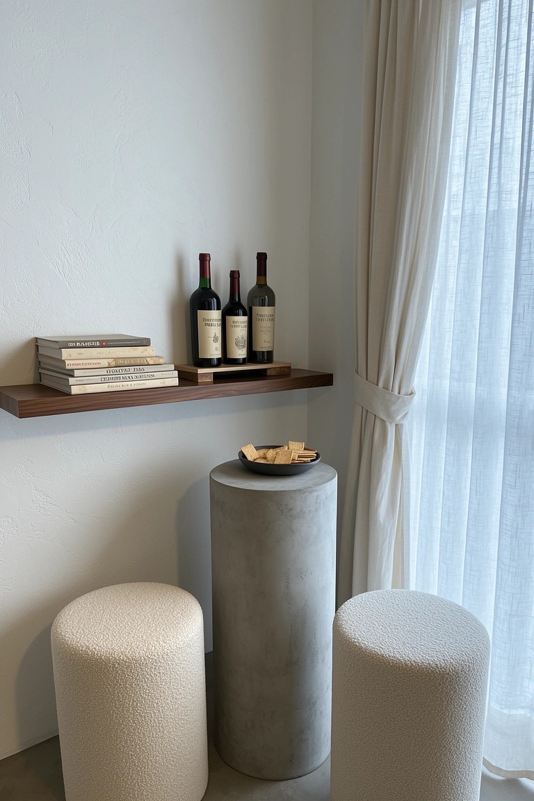 Minimalist white corner with wooden floating shelf holding books and red wine bottles, gray concrete pedestal table with white plate of cheese, two fluffy white poufs on either side, sheer curtains on window