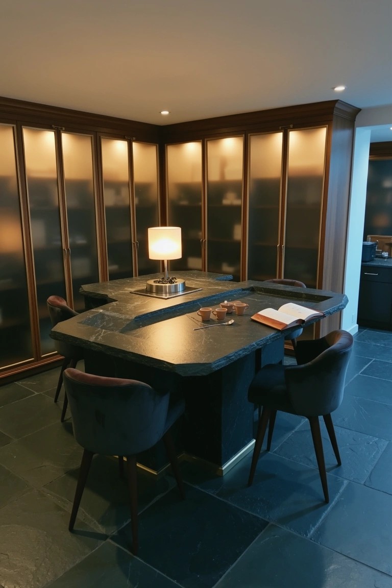 Corner nook with wooden glass-front cabinets, black stone tasting table, lamp, open book, and dark upholstered chairs on tiled floor