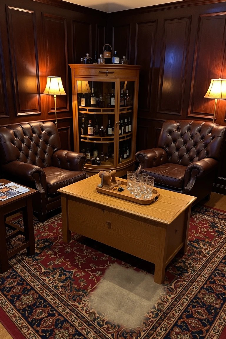 Dark wood paneled corner with whiskey bar cabinet, leather armchairs, wooden table with glasses, and red rug