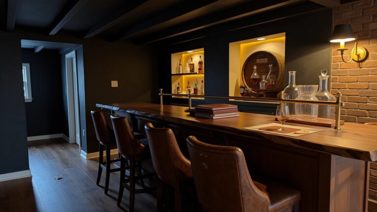 Home whiskey bar with large wooden barrel as the end piece, live-edge wood top, leather stools, and backlit bottle shelves against brick wall