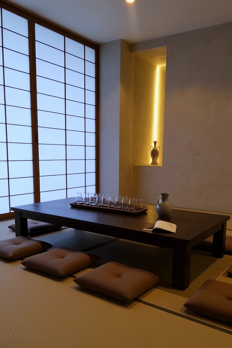 Low wooden table with glasses and vase in a minimalist tatami room, surrounded by floor cushions