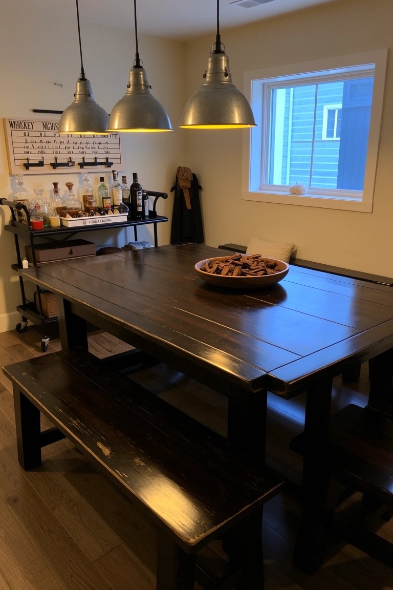 Dark wooden table and benches in a home whiskey bar area with pendant lights and bottle shelves on the wall