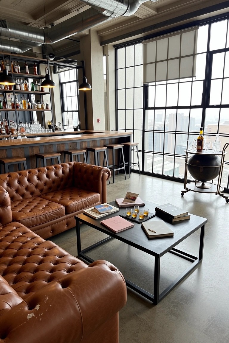 Industrial bar room with tufted leather sofas and low black table facing wooden bar counter, large windows, and bar stools
