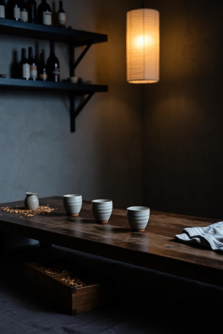 Low wooden table with white ceramic cups arranged for tasting, nuts in a box, and whiskey bottles on wall shelves under soft lantern light