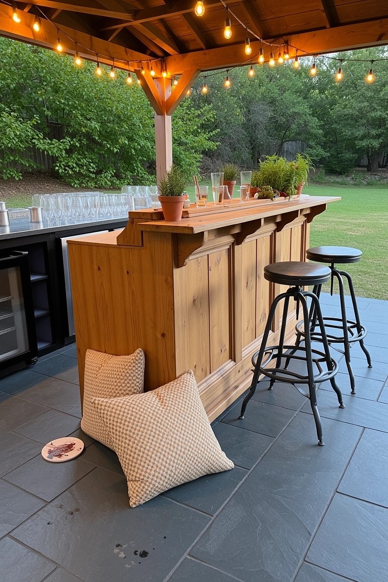 Rustic wooden bar counter under pergola with plants, stools, and pillows on outdoor patio