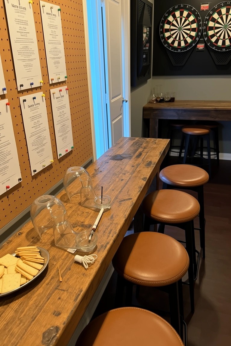 Rustic wooden bar counter with empty glasses, snacks, and bar stools in a room featuring a pegboard wall with pinned papers and dartboards on black walls