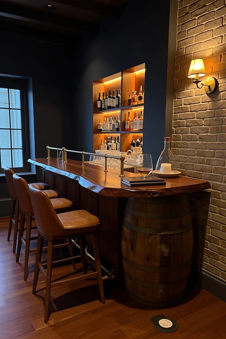 Home whiskey bar with large wooden barrel as the end piece, live-edge wood top, leather stools, and backlit bottle shelves against brick wall