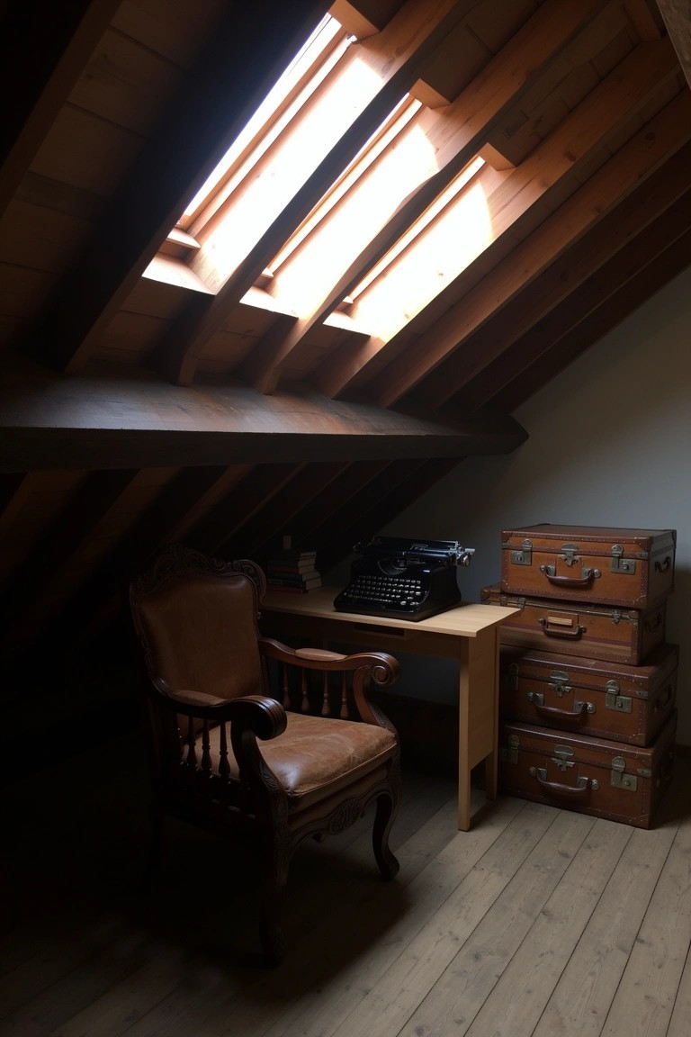 Cozy attic study with exposed wooden beams, skylights letting in light, vintage typewriter on wooden desk, leather armchair, and stacked leather suitcases nearby