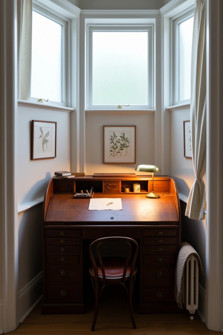 Vintage roll-top wooden desk and chair in a light gray bay window nook with botanical wall art and green lamp