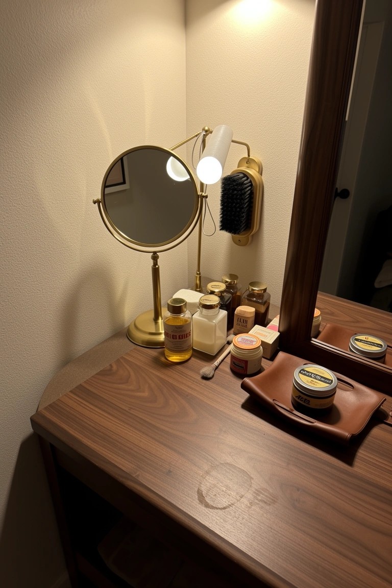 Vintage wooden vanity table in corner with brass swivel mirror, lamp, grooming bottles, shoe brush, and polish tins