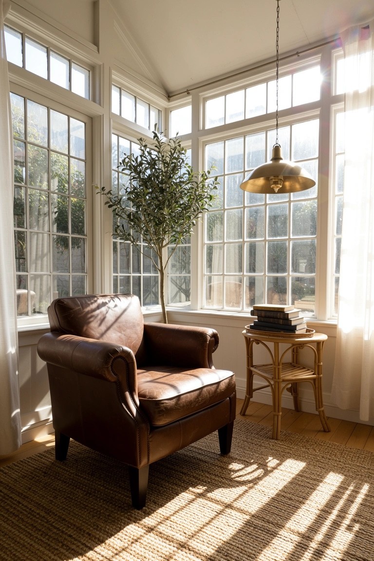 Sunlit corner with brown leather armchair, rattan side table with books, potted olive tree against large windows and brass pendant light
