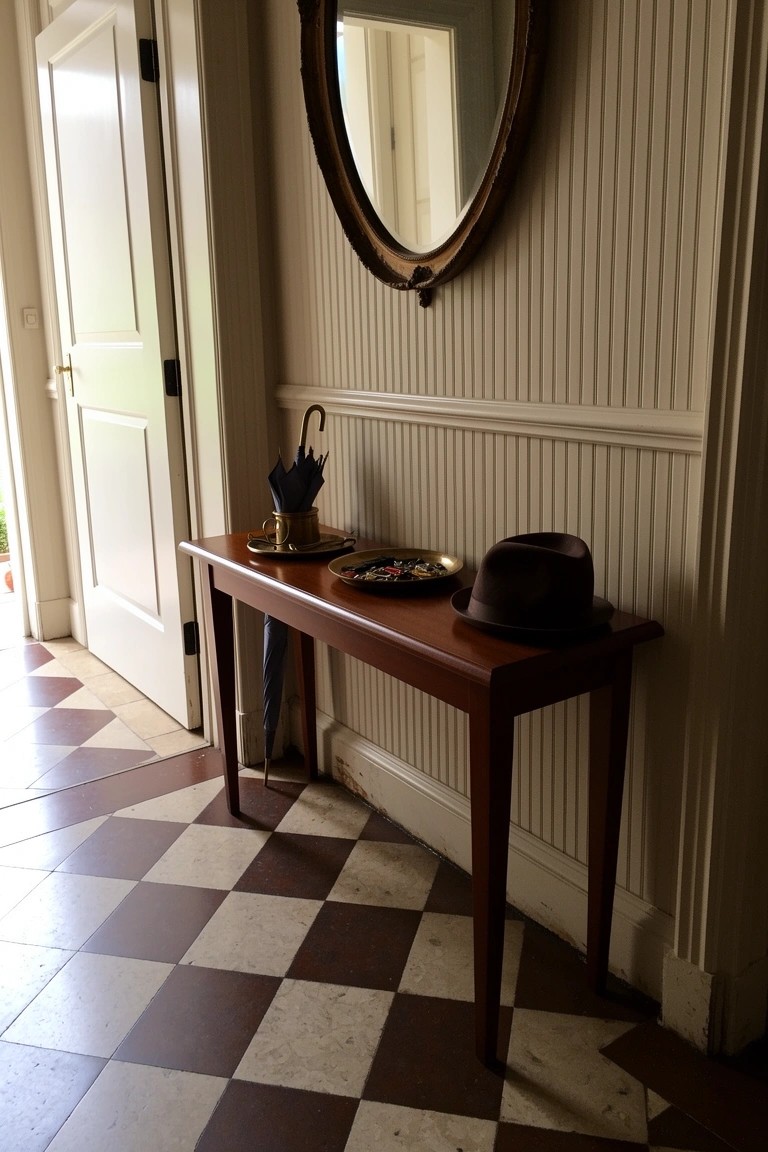 Vintage wooden console table in a paneled entry hall holding a hat, trays, and umbrellas