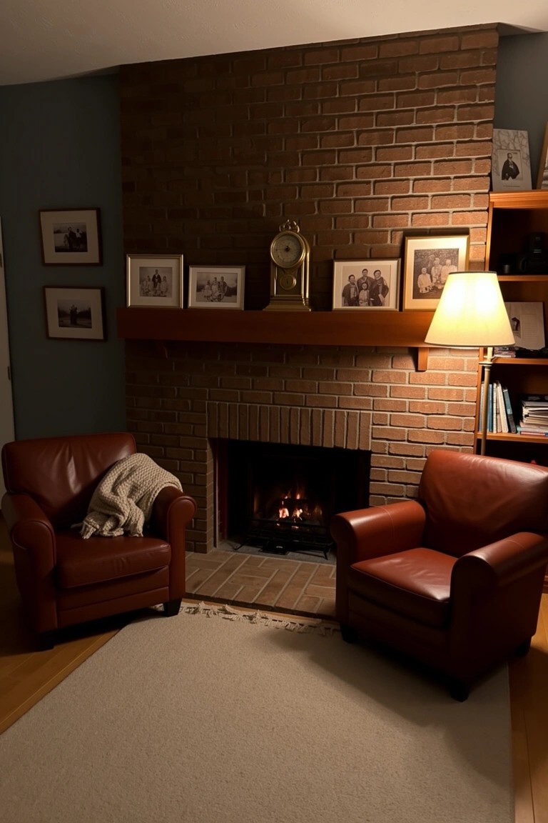Two red leather armchairs facing a glowing brick fireplace with mantel decor and warm lamp light