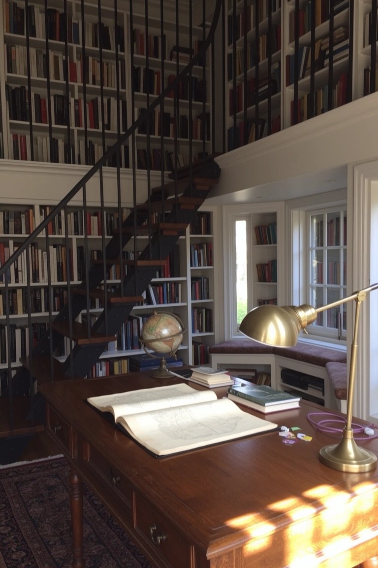 Vintage study with wall-to-wall bookshelves on ground and mezzanine levels, wooden desk holding open book and lamp, globe nearby, black iron staircase