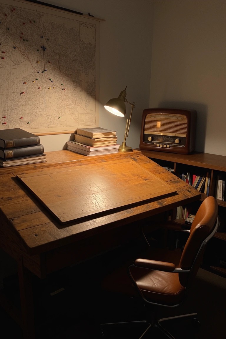 Wooden drafting desk in a cozy vintage study corner with brass lamp, stacked books, map on wall, and retro radio
