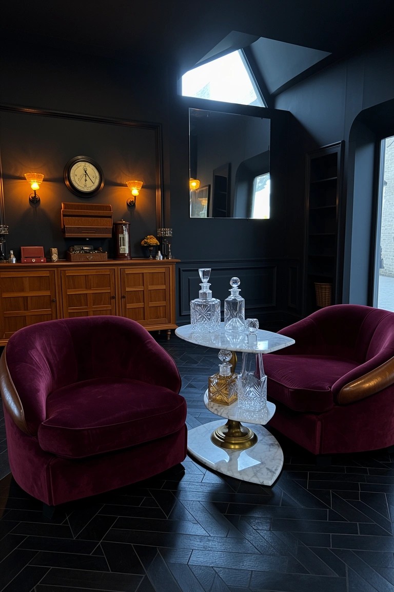 Two curved deep red velvet armchairs flanking a white marble pedestal table with crystal decanters in a dark-walled room with wood cabinetry