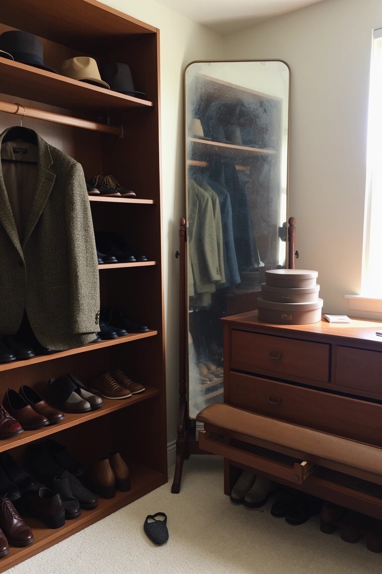 Vintage wooden wardrobe with open shelves displaying hats, shoes, and hanging jackets beside a full-length mirror