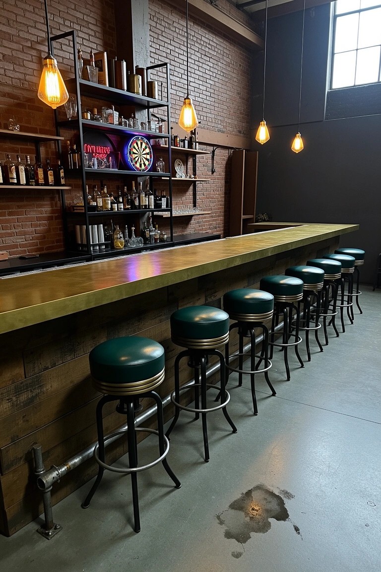 Industrial home bar against exposed brick wall with brass countertop, green stools, and hanging pendant lights