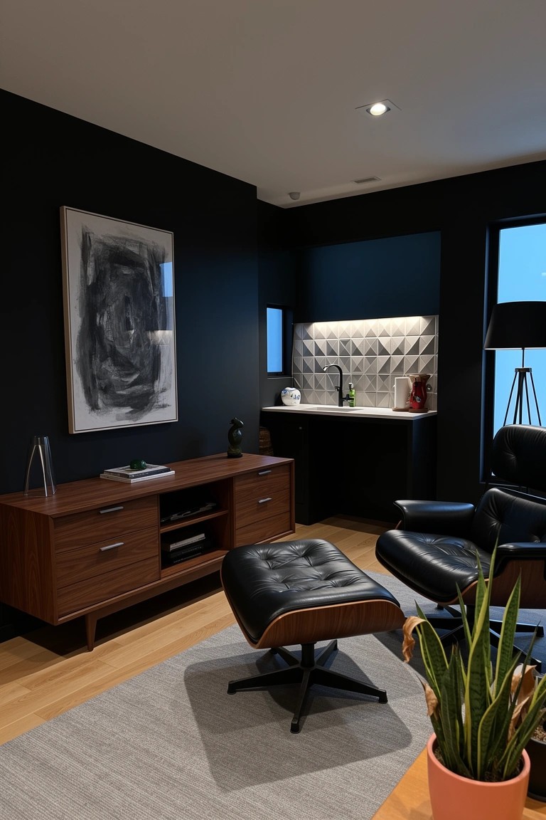 Compact wet bar nook with geometric tile backsplash in a dark-walled man cave lounge, next to black leather Eames chair, wooden credenza, and potted plant