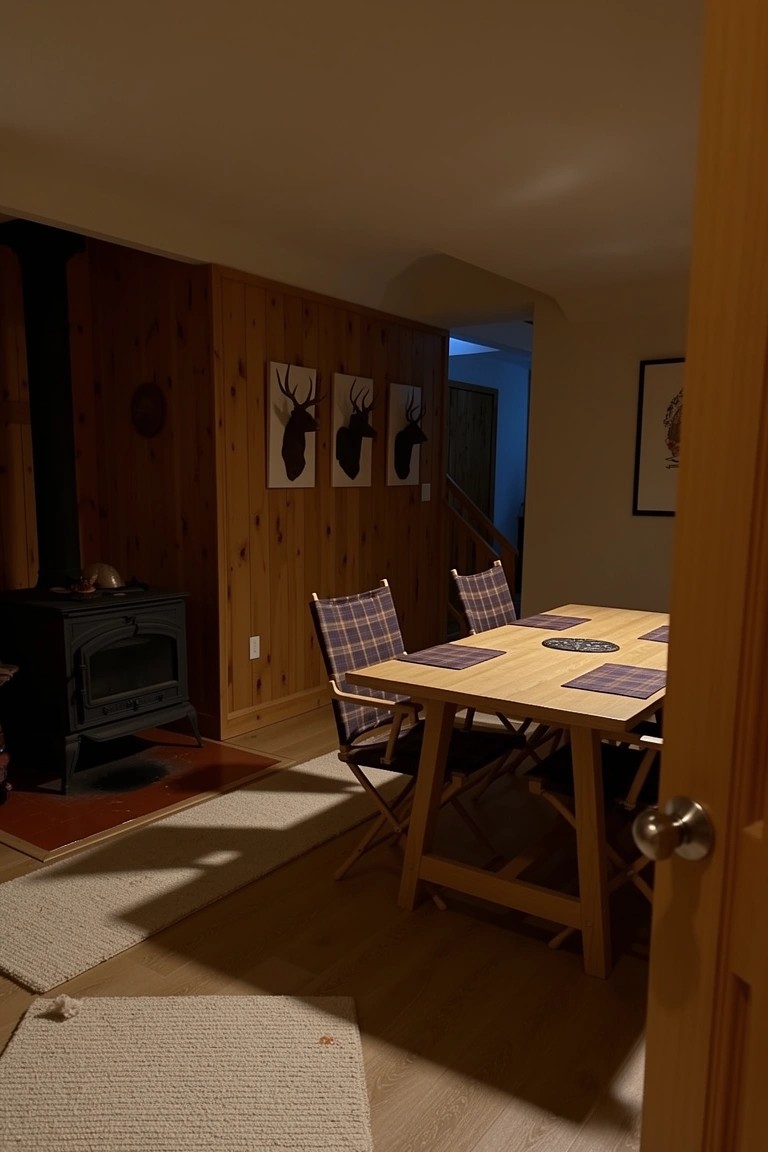 Wood-paneled basement man cave with wood-burning stove, wooden table, plaid chairs, and mounted deer heads on walls