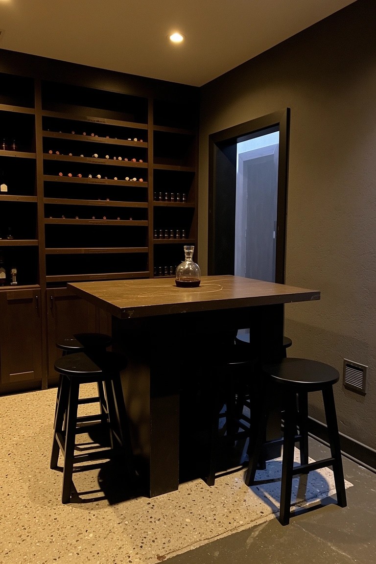 Dark wood wine racks lining corner walls around a square wooden bar table with black stools in a dimly lit basement space