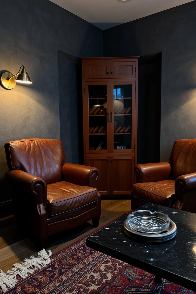 Wooden corner wine cabinet with glass doors displaying bottles, paired with brown leather armchairs around a black table in a dark-walled room