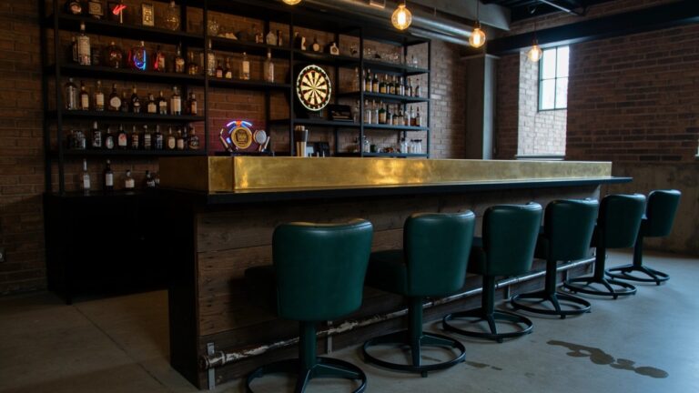 Industrial home bar against exposed brick wall with brass countertop, green stools, and hanging pendant lights