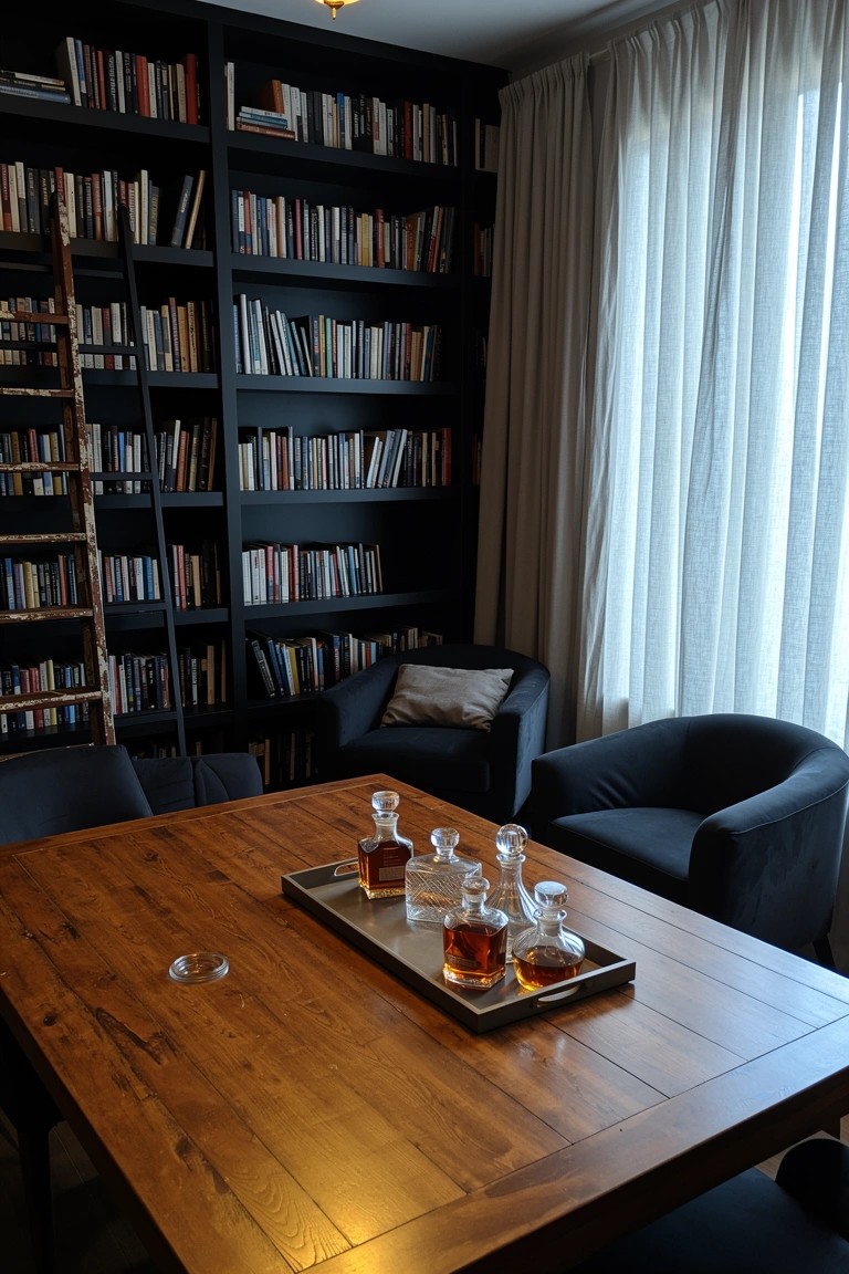 Dark floor-to-ceiling bookshelves packed with books and a ladder, flanking black armchairs and a wooden table with whiskey decanters