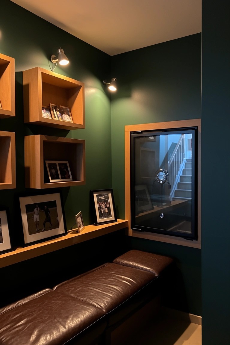 Dark green walls in a cozy room corner with open wood shelves displaying framed photos, leather bench seating, and a window view of stairs