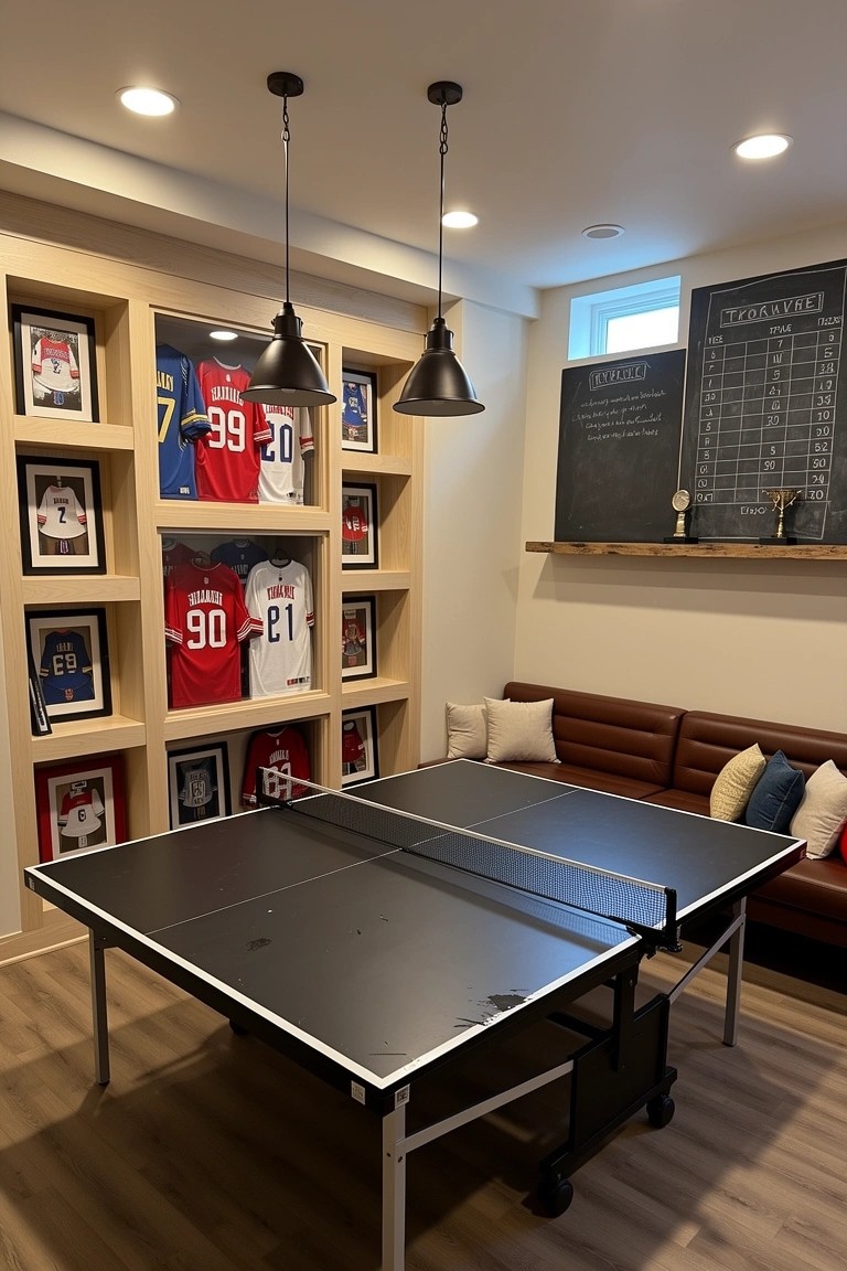 Basement man cave with built-in wood shelves displaying Philadelphia Phillies jerseys, photos, and memorabilia flanking a black ping pong table, leather couch nearby, and chalkboard scoreboard on the wall