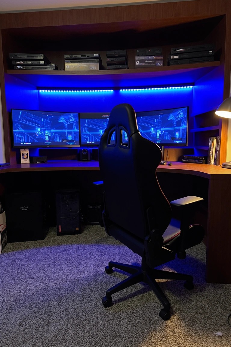 Gaming desk with triple monitors and blue LED strip lights along wooden shelves in a man cave setup
