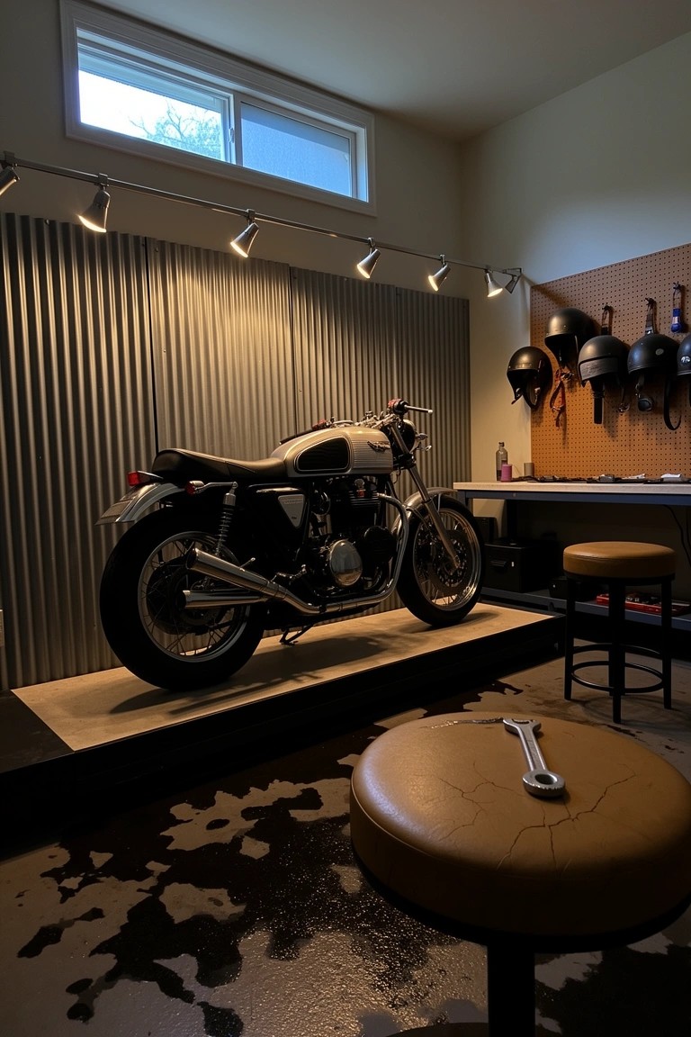 Garage workshop man cave with motorcycle on display platform, corrugated metal walls, track lighting, helmet hooks, workbench, and stools