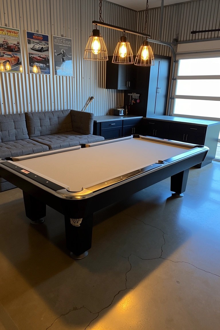 Black pool table centered in industrial garage man cave with corrugated metal walls, gray couch, and car posters