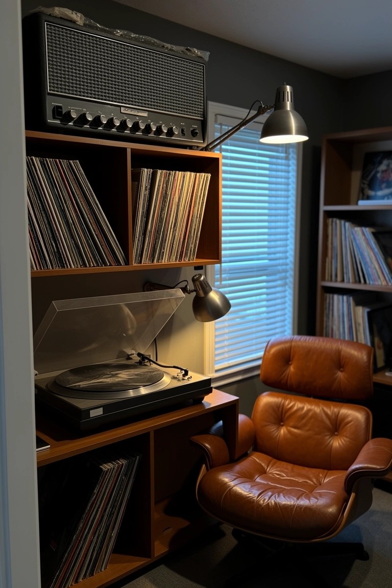 Wooden shelves lined with vinyl records beside a turntable setup and orange leather armchair in a cozy gray room corner