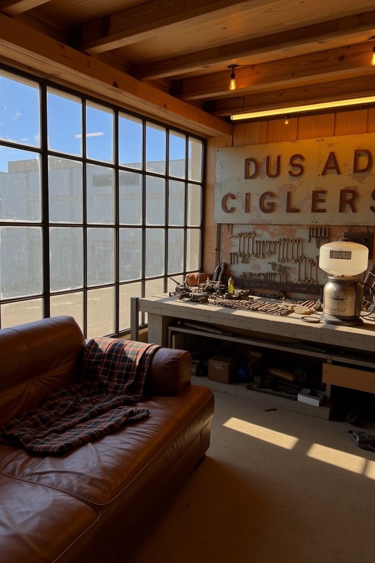 Rustic man cave with exposed wood beams, workbench holding tools and vintage scale, faded sign on wall, and leather sofa by large windows