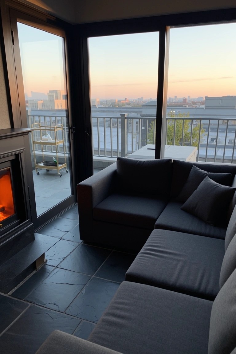 Dark corner sofa facing a lit fireplace, with large sliding glass doors opening to a balcony and city view
