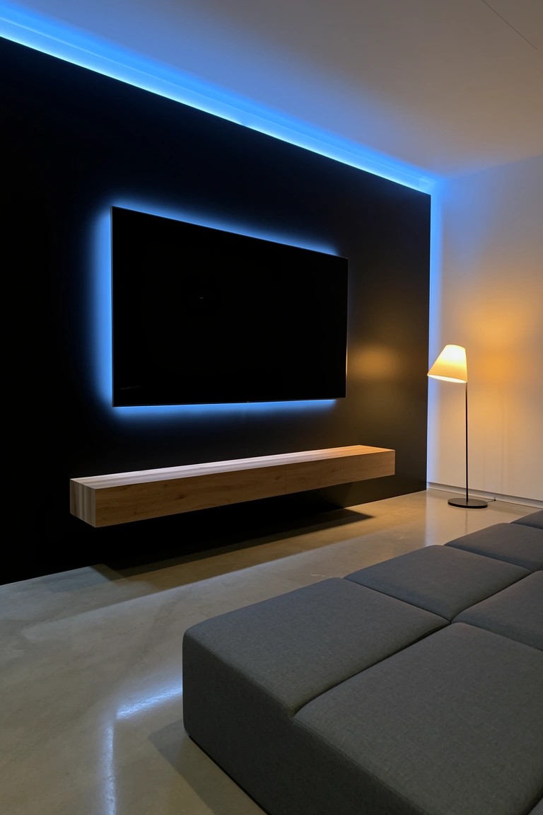 Dark feature wall with blue LED strips framing a mounted TV, wooden floating shelf below, floor lamp, and gray modular sofa in a modern man cave