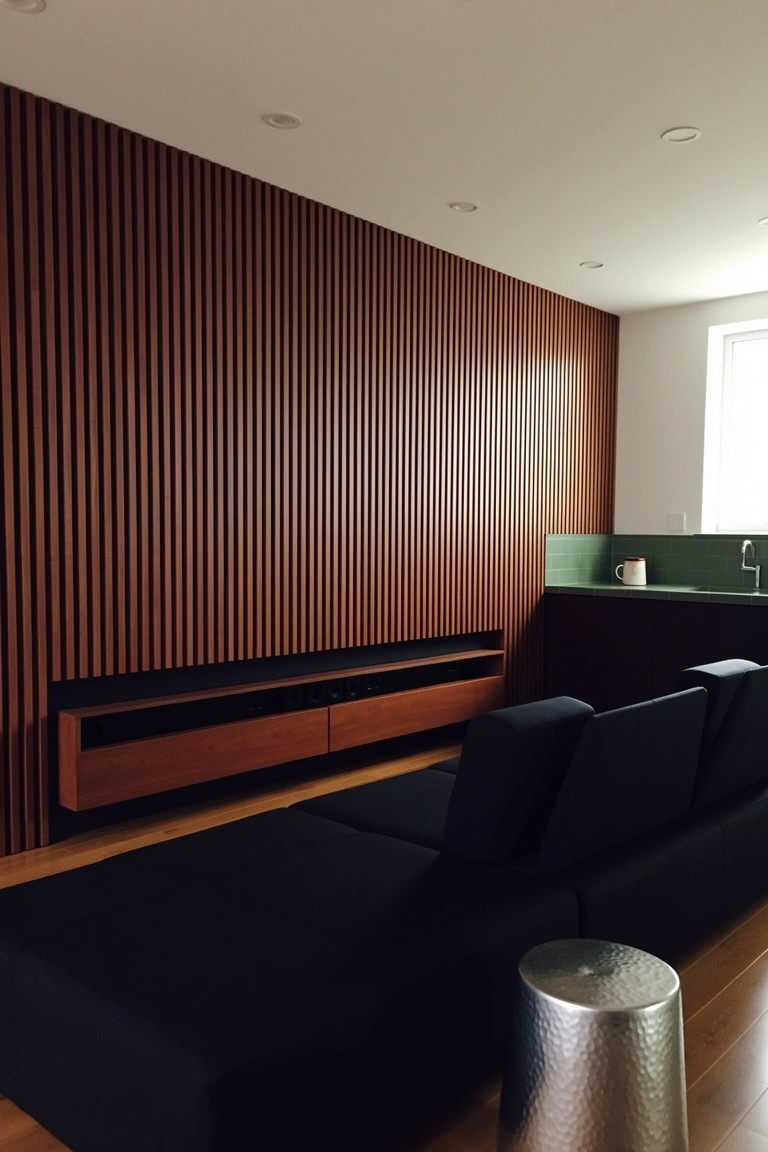 Modern man cave with tall vertical wood slat wall in brown tones behind low black modular sofa and built-in media console