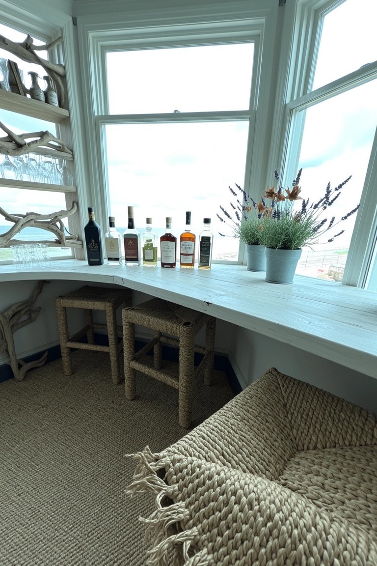 Bay window nook with curved white wood bar counter, driftwood shelves holding whiskey bottles, potted lavender plants, and rattan stools on a rug