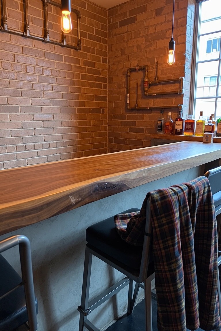 Exposed brick wall with industrial pipe lighting and shelving behind a live-edge wood bar countertop in a home whiskey bar