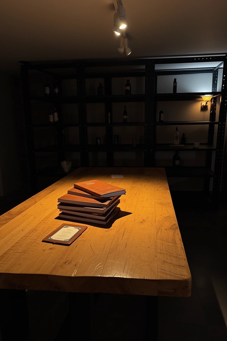 Wooden table stacked with leather books under spotlights in a dimly lit room with black metal shelves holding wine bottles