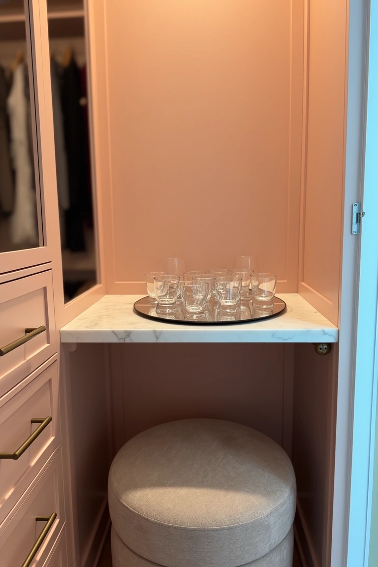 Built-in closet shelf with marble tray holding whiskey glasses above a round stool