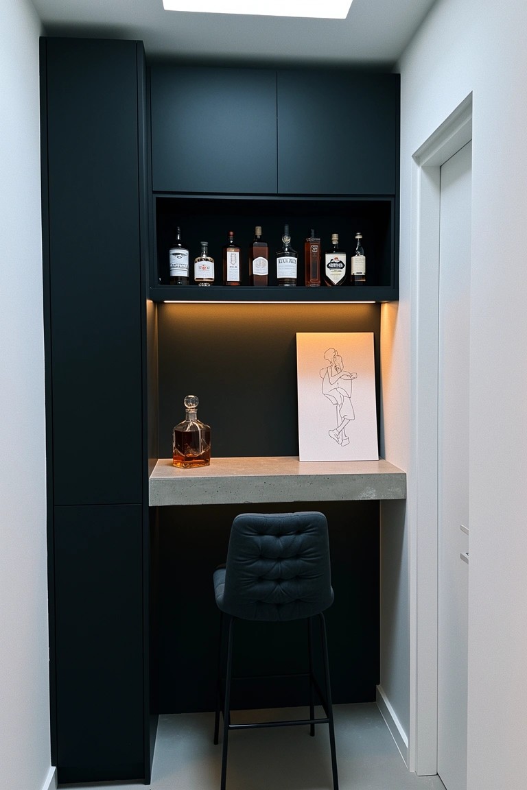 Compact built-in navy cabinet whiskey bar nook with open bottle shelving, LED lighting, concrete counter, and tufted stool