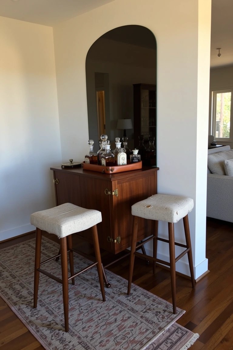 Wooden bar cabinet in a sunny corner with arched mirror backdrop, whiskey bottles on top, two upholstered stools, and oriental rug on hardwood floor