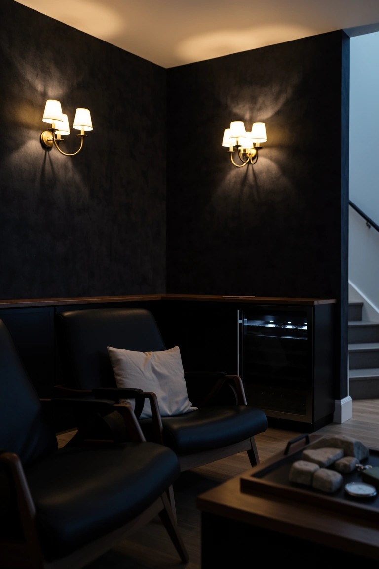 Dark corner lounge with two black leather armchairs facing each other, warm wall sconces, low wooden table, and built-in bar cabinet