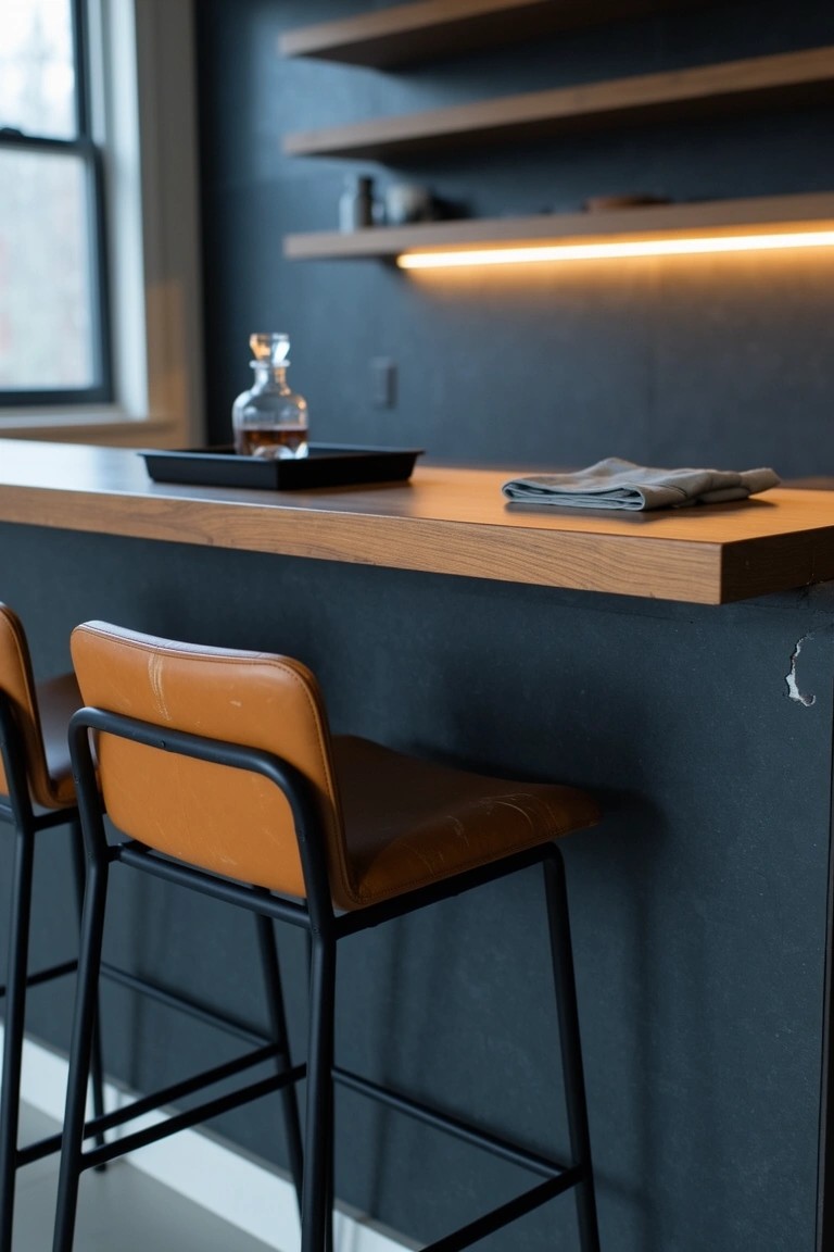 Compact home bar nook with dark walls, wooden floating shelves lit from below, whiskey bottle on tray atop wood counter, and two orange leather bar stools
