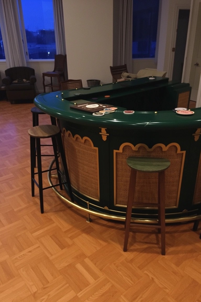 Curved emerald green bar counter with stools and ornate panels in a home bar room