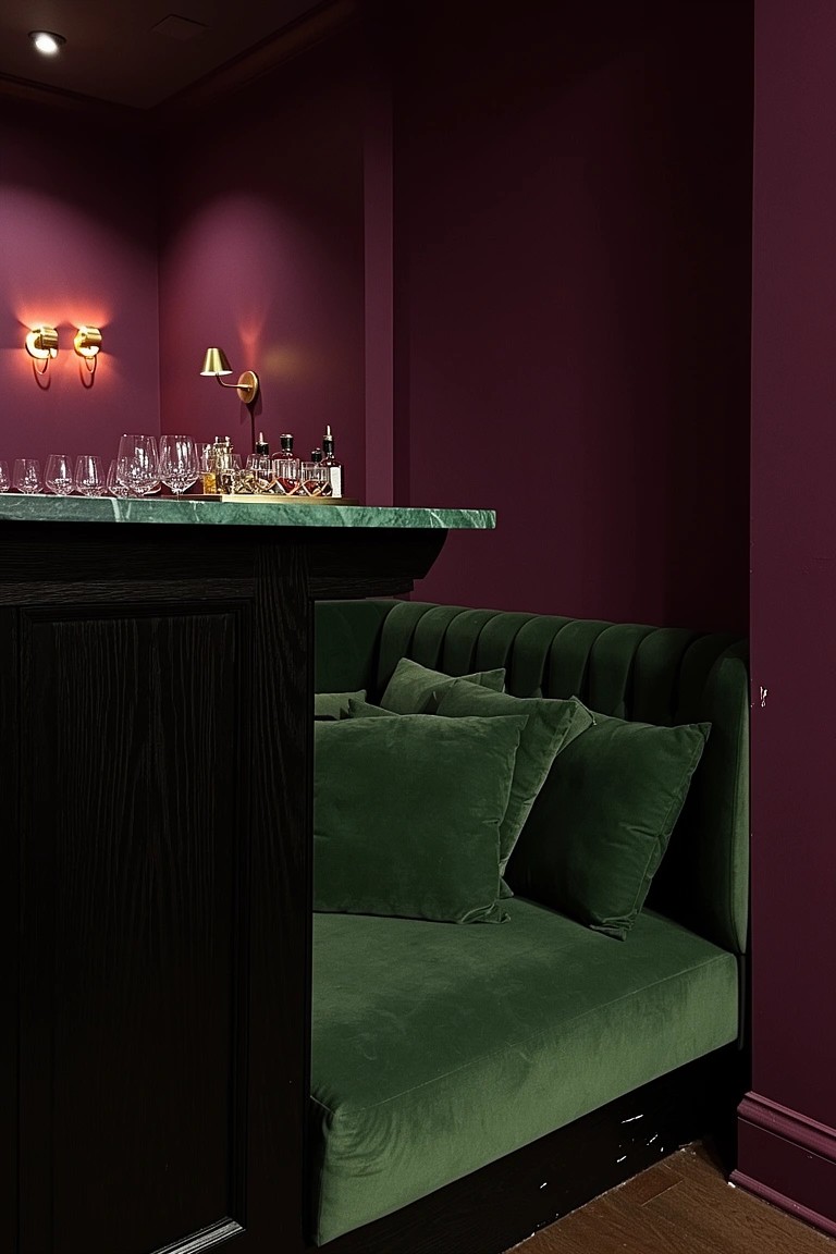 Dark wood bar counter with green marble top and tufted green velvet booth seating against deep purple walls in a home bar nook
