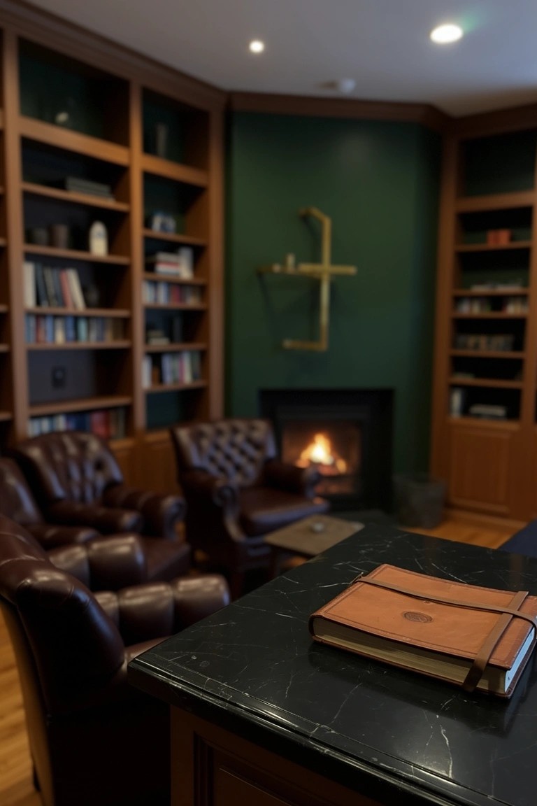 Wood bookshelves lining a green-walled corner with fireplace, leather armchairs, and marble table