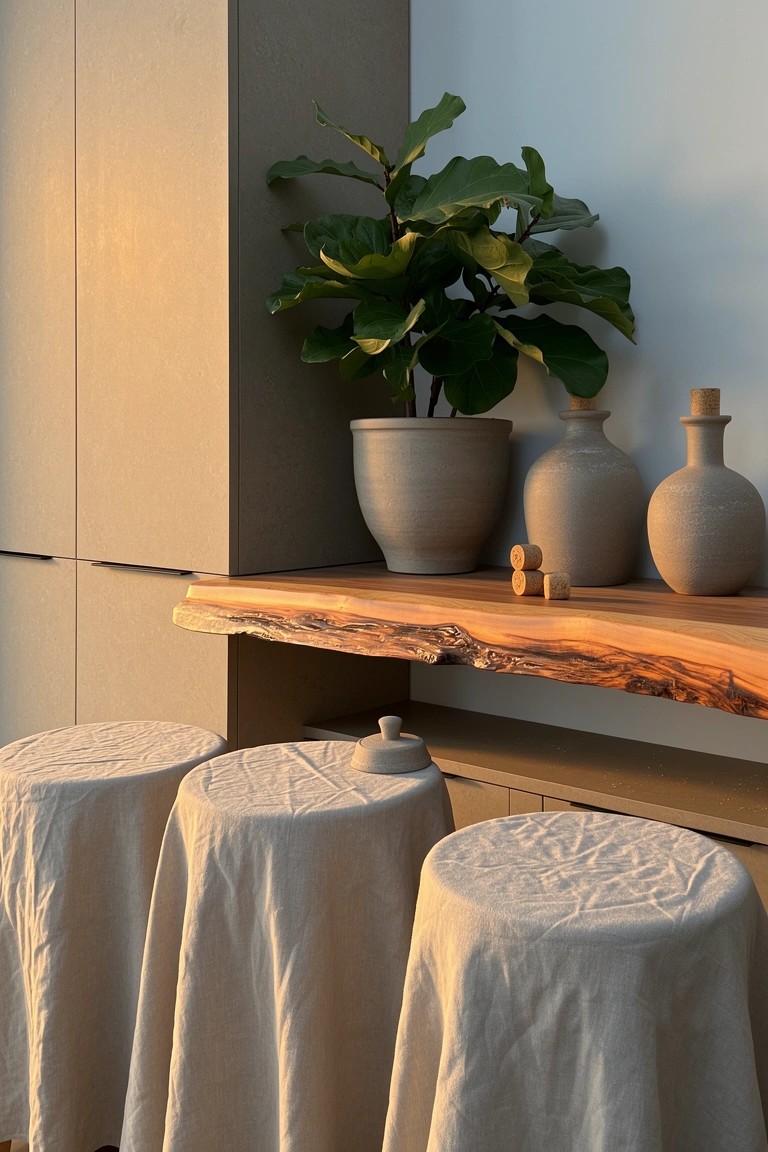 Minimalist bar nook with live-edge wooden shelf on beige cabinets, topped with pottery vases and fiddle leaf fig plant, neutral fabric stools below